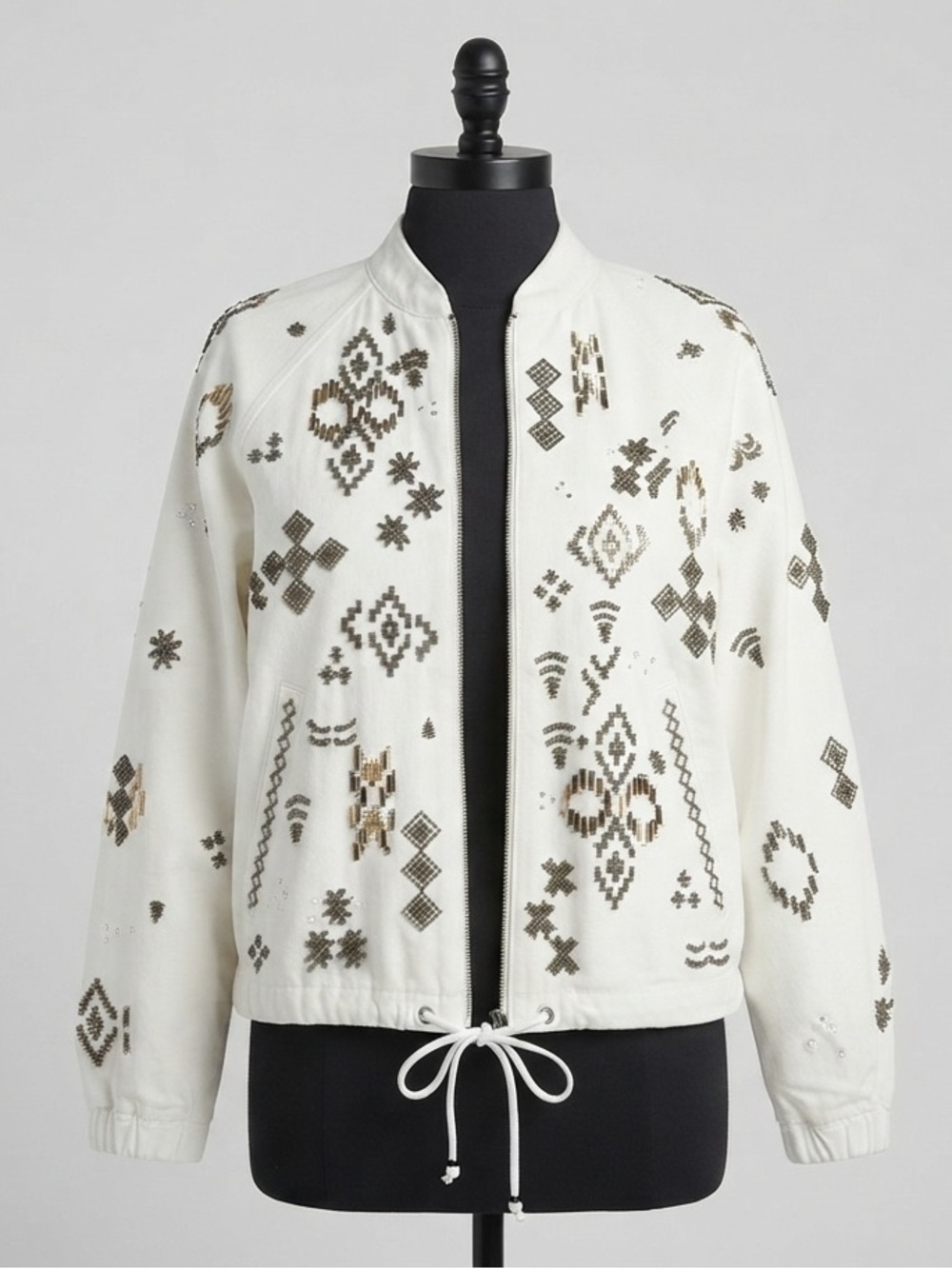 Chico's Ivory Beaded Bomber Jacket with Metallic Southwest Aztec Full Zip size 1